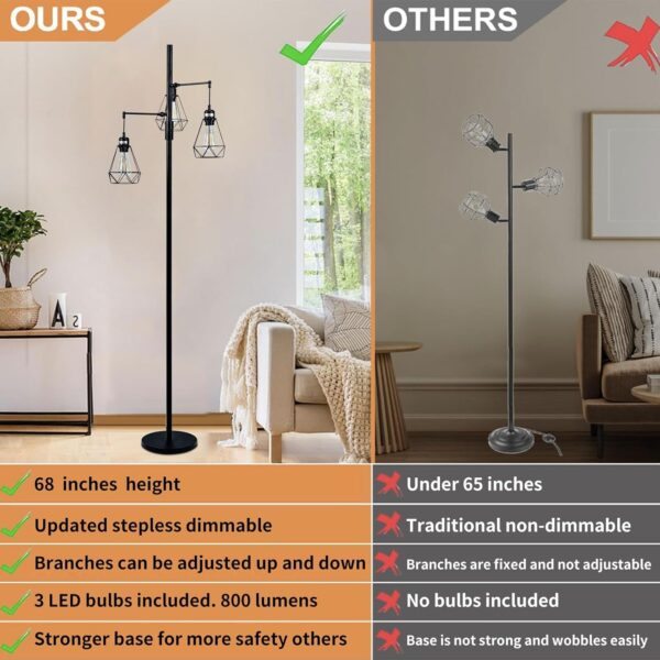 69" Industrial Tree Floor Lamp with Stepless Dimming - Adjustable Cage Shades & weighted Base, Vintage Dimmable Standing Light for Living Room/Office, 3x Edison Bulbs Included (Farmhouse Rustic)