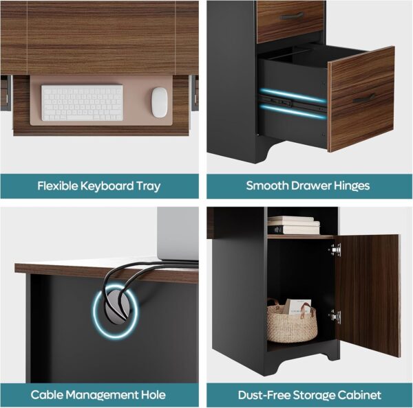 Bestier 59” Executive Desk with 2 Drawers, Computer Desk with Storage Cabinet, Industrial Wood Desk with File Drawer, Keyboard Tray & 2 Pedestals for Home Office & Studio, Cherry