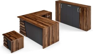 71" Wood Office Furniture Set of 3pcs | Executive Right Side L Shaped Corner Desk & File Drawers w/Telescopic Rail | Coffee Table | Storage Cabinet w/Chrome Handles | Modern Home Workstation