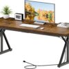 70.8-Inch Executive Desk with Power Outlet, Large Office Desk, Long Home Office Table, Big Writing Computer Table, Modern Work from Home Desk Office Furniture for Laptop, Rustic Brown/Black