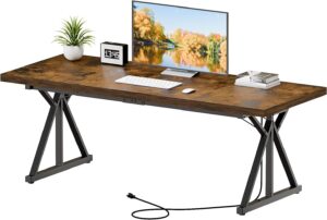 70.8-Inch Executive Desk with Power Outlet, Large Office Desk, Long Home Office Table, Big Writing Computer Table, Modern Work from Home Desk Office Furniture for Laptop, Rustic Brown/Black
