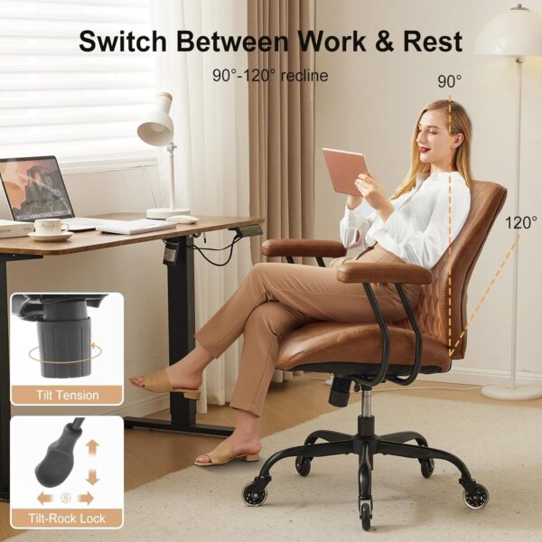 Home Office Desk Chair Office Rubber Casters Ergonomic Computer Chair with Lumbar Support Adjustable Height Rolling Swivel Executive Task Armrests Chair， Brown Leather