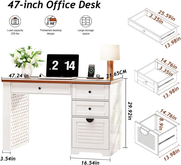 47" Home Office Desks, Executive Desk, Farmhouse Computer Desk with Drawers and Charging Station, File Drawer, Storage Cabinet, Rustic Computer Writing Desk,Antique White