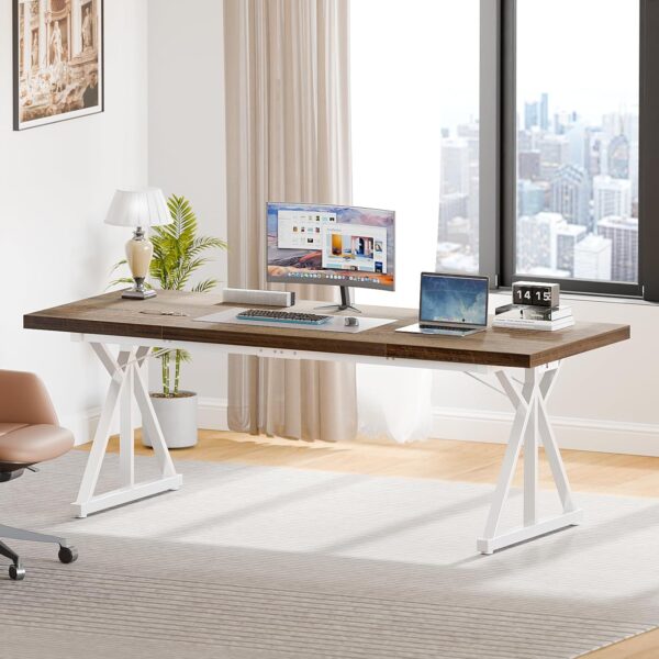 70.8-Inch Executive Desk with Power Outlet, Large Home Office Desk, Long Office Desk, Big Writing Computer Desk, Modern Work from Home Desk Office Furniture for Laptop, White