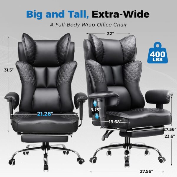 GTPLAYER Big and Tall Office Chair 400LBS Wide Ergonomic Gaming Chair with Deluxe Embossing Designed Leather with Foot Rest,150°Reclining Adjustable Soft Armrests Pocket Spring Back Support and Pillow