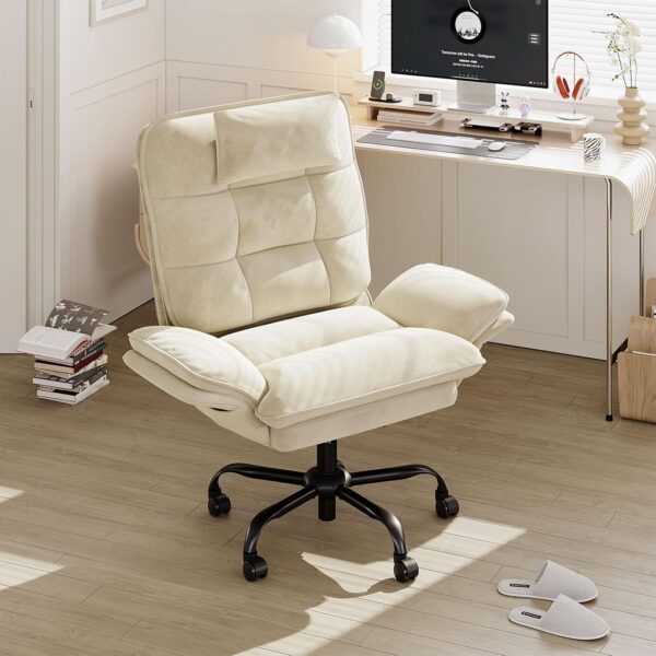 Bestier Velvet Executive Office Chair, Ergonomic Chair with Flip-up Arms, 135° Reclining Office Chair with Side Pockets & Headrest, Big Swivel Computer Chair for Home Office - Beige