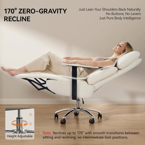 Reclining Office Chair with Adjustable Headrest and Footrest, 170° Ergonomic Comfortable Office Chair Zero Gravity, Leather Executive Home Office Desk Chair 400lbs (Black) (Cream)