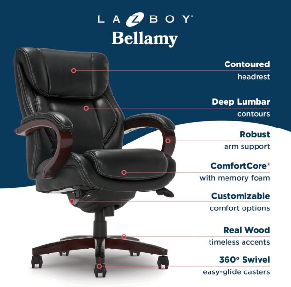 La-Z-Boy Bellamy Executive Office Chair with Memory Foam Cushions, Real Wood Arms and Swivel Base, Waterfall Seat Edge, Faux Bonded Leather, Black