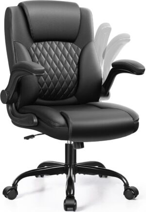 Leather Office Chair, PU Home Computer Desk Chairs with Ergonomic Back Support, 360°Swivel Free，Small Gmaing Chair with Wheels and Adjustable Armrests, for Short People Use, Black