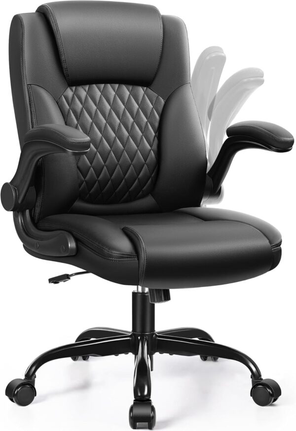 Leather Office Chair, PU Home Computer Desk Chairs with Ergonomic Back Support, 360°Swivel Free，Small Gmaing Chair with Wheels and Adjustable Armrests, for Short People Use, Black