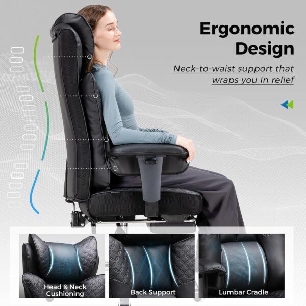 GTPLAYER Big and Tall Office Chair 400LBS Wide Ergonomic Gaming Chair with Deluxe Embossing Designed Leather with Foot Rest,150°Reclining Adjustable Soft Armrests Pocket Spring Back Support and Pillow
