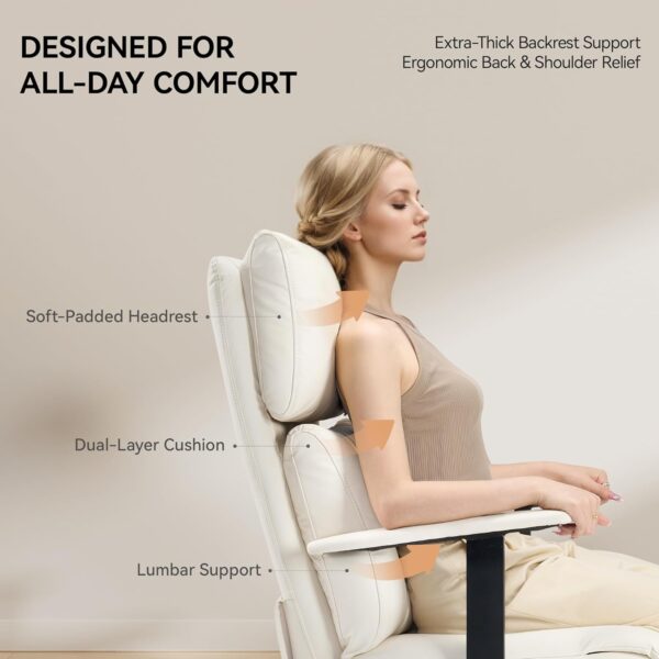 Reclining Office Chair with Adjustable Headrest and Footrest, 170° Ergonomic Comfortable Office Chair Zero Gravity, Leather Executive Home Office Desk Chair 400lbs (Black) (Cream)