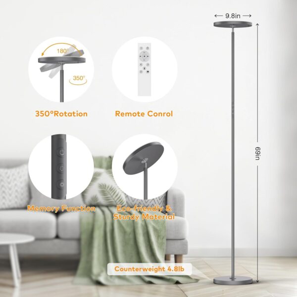 36W Bright Torchiere Floor Lamps,3500LM Stepless Dimmable Tall Floor Lamp with Remote & Touch Control,Modern Standing Light for Bedroom,Office,Living Room,Grey