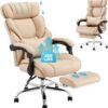 COLAMY Office Chair with Footrest, Ergonomic High Back Design Executive Computer Desk Chair with Removable Lumbar Pillow, 90-135°Reclining, Thick Bonded Leather for Home Office Work Comfort, Khaki