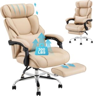 COLAMY Office Chair with Footrest, Ergonomic High Back Design Executive Computer Desk Chair with Removable Lumbar Pillow, 90-135°Reclining, Thick Bonded Leather for Home Office Work Comfort, Khaki