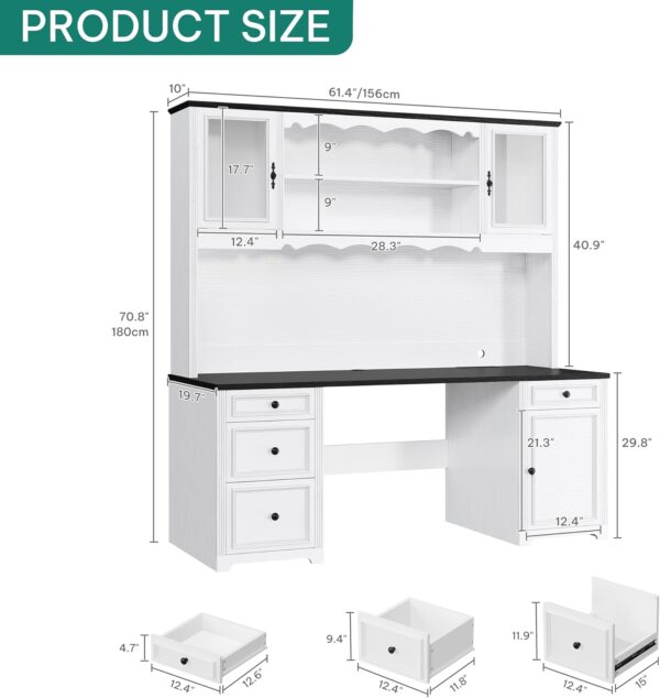 YITAHOME Executive Desk with Hutch and Drawers, Farmhouse Computer Desk with Power Outlet & LED Lights, Home Office Desks with Storage Shelves, Storage Cabinet with Glass Door, White & Black