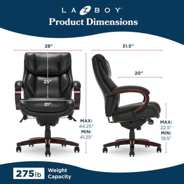 La-Z-Boy Bellamy Executive Office Chair with Memory Foam Cushions, Real Wood Arms and Swivel Base, Waterfall Seat Edge, Faux Bonded Leather, Black