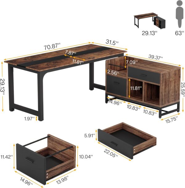 Tribesigns Office Desk with File Cabinet, 70.8" L-Shaped Executive Desk for Home Office Workstation Business Furniture Set, Rustic Brown/Black