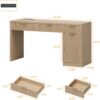 60" Executive Desk with Fluted Drawers, Wood Home Office Desk with Storage Cabinet, Charging Station, Fluted Computer Writing Desk for Study, Living Room, Natural Oak.