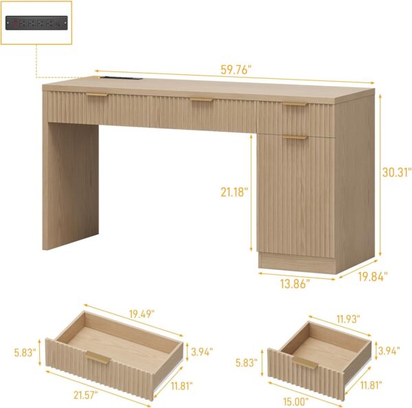 60" Executive Desk with Fluted Drawers, Wood Home Office Desk with Storage Cabinet, Charging Station, Fluted Computer Writing Desk for Study, Living Room, Natural Oak.