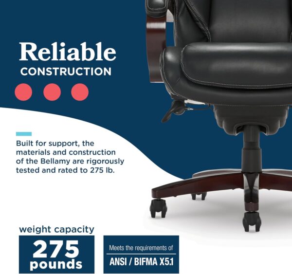 La-Z-Boy Bellamy Executive Office Chair with Memory Foam Cushions, Real Wood Arms and Swivel Base, Waterfall Seat Edge, Faux Bonded Leather, Black