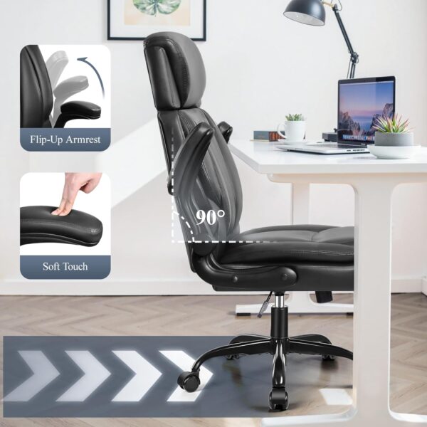 Leather Office Chair, Big and Tall Office Chair Executive Breathable PU Computer Chairs with Lumbar Support, High Back Home Desk Chairs with Flip-up Armrests, Adjustable Headrest
