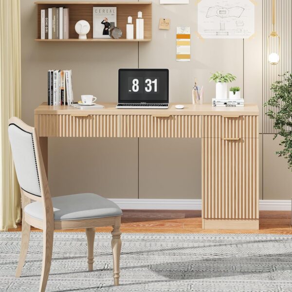 60" Executive Desk with Fluted Drawers, Wood Home Office Desk with Storage Cabinet, Charging Station, Fluted Computer Writing Desk for Study, Living Room, Natural Oak.