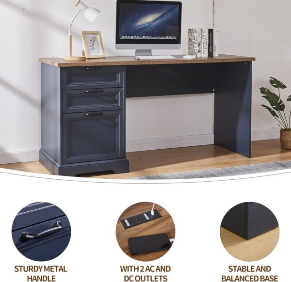 60"L-Shaped Executive Desk with 40"Adjustable File Cabinet,Farmhouse Home Office Desk with Charging Station,Office Desk with Storage Drawers,Wood Computer Desk Set for Office Work,Home Study (Blue)