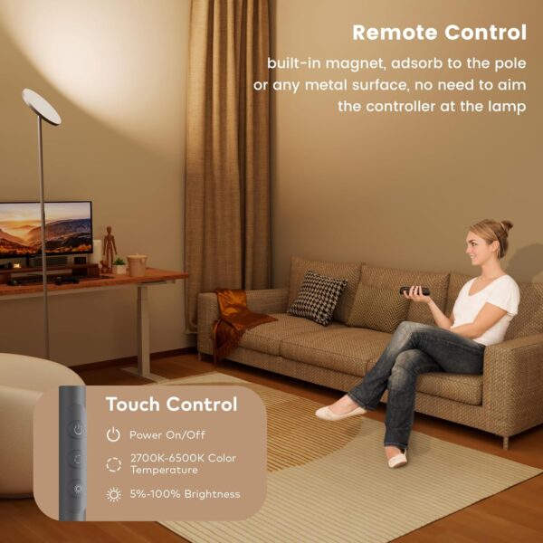 36W Bright Torchiere Floor Lamps,3500LM Stepless Dimmable Tall Floor Lamp with Remote & Touch Control,Modern Standing Light for Bedroom,Office,Living Room,Grey