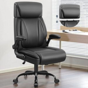 Leather Office Chair, Big and Tall Office Chair Executive Breathable PU Computer Chairs with Lumbar Support, High Back Home Desk Chairs with Flip-up Armrests, Adjustable Headrest