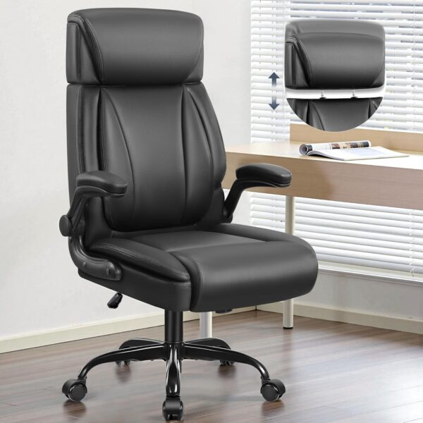 Leather Office Chair, Big and Tall Office Chair Executive Breathable PU Computer Chairs with Lumbar Support, High Back Home Desk Chairs with Flip-up Armrests, Adjustable Headrest