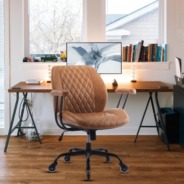 Home Office Desk Chair Office Rubber Casters Ergonomic Computer Chair with Lumbar Support Adjustable Height Rolling Swivel Executive Task Armrests Chair， Brown Leather