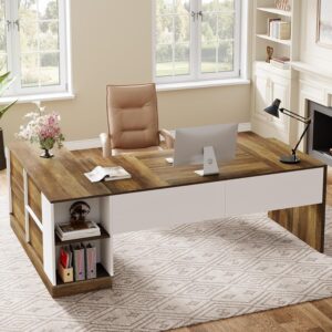 Tribesigns Executive Office Desk with File Cabinet, 79-Inch Modern L-Shaped Desk, Large Computer Table with Storage Cabinet and Open Shelves, Business Table for Home Office, Brown and White