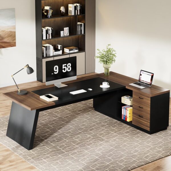 Tribesigns L-Shaped Executive Desk, 78-Inch Modern Office Desk with Drawers and Lateral File Cabinet, Large Computer Desk with Storage Shelves, Workstation for Home Office (Brwon + Black)