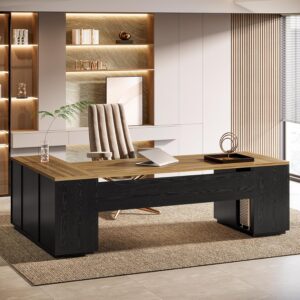 Tribesigns 85.8-Inch L-Shaped Executive Office Desk with File Drawers & Storage Cabinet, Professional Corner Computer Desk Extra Large Business Workstation with Adjustable Shelves (Brown&Black)