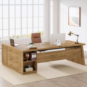 Tribesigns 78" L Shaped Desk with Drawers, Large Executive Office Desk with File Cabinet and Shelves, Modern Corner Computer Desk with Storage Shelves Business Furniture for Home Office, Brown