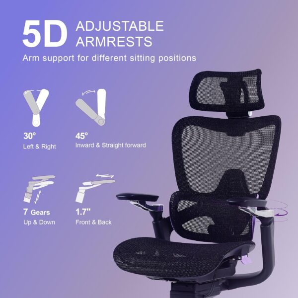 Ergonomic Office Chair, Big and Tall Mesh Home Desk Chair with Adaptive Lumbar Support, Gaming Chair with Headrest, 5D Armrest,90-130°Tilt, BIFMA Certified, Model Zen (Purple)