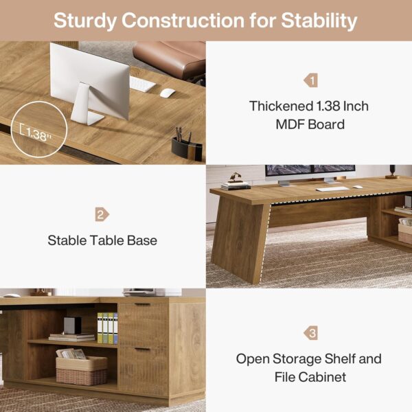 Tribesigns 78" L Shaped Desk with Drawers, Large Executive Office Desk with File Cabinet and Shelves, Modern Corner Computer Desk with Storage Shelves Business Furniture for Home Office, Brown