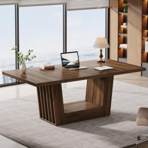 Tribesigns 63-inch Executive Office Desk, Modern Computer Home Office Desk with Robust Base, Large Wooden Writing Conference Table Business Workstation for Home Office, Walnut Brown