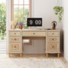 Yechen 58'' Wood Executive Desk with 7 Drawers - Modern Natural Rattan Home Office Desks with Charging Station, Large Long Computer Desk with Storage, Boho Writing Table for Work, Study, Natural Oak
