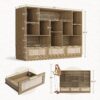 Home Office Furniture Set, 70" Standing Desk with 4 Drawer File Cabinet and Wide Bookcase, Executive Desk with AC/USB, Bookshelf with Drawers, Rattan Style Natural Oak