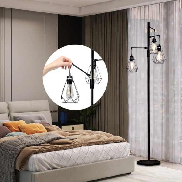 69" Industrial Tree Floor Lamp with Stepless Dimming - Adjustable Cage Shades & weighted Base, Vintage Dimmable Standing Light for Living Room/Office, 3x Edison Bulbs Included (Farmhouse Rustic)