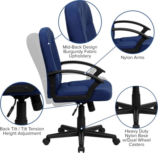 Flash Furniture Garver Mid-Back Navy Fabric Executive Swivel Office Chair with Nylon Arms