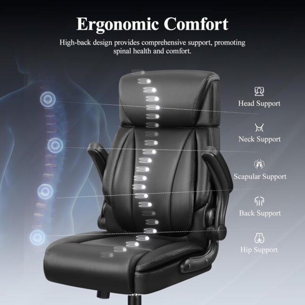 Leather Office Chair, Big and Tall Office Chair Executive Breathable PU Computer Chairs with Lumbar Support, High Back Home Desk Chairs with Flip-up Armrests, Adjustable Headrest