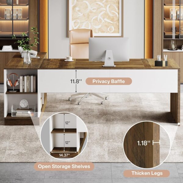 Tribesigns Executive Office Desk with File Cabinet, 79-Inch Modern L-Shaped Desk, Large Computer Table with Storage Cabinet and Open Shelves, Business Table for Home Office, Brown and White