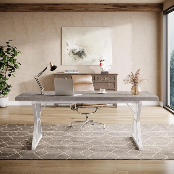 Tribesigns 70.86-Inch Large Executive Desk, Industrial Home Office Computer Desk, Simple Long Writing Study Table Business Furniture (Grey/White)
