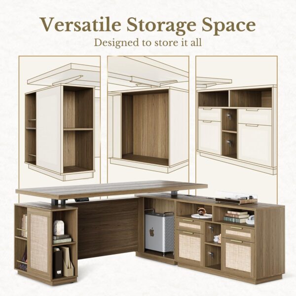 Home Office Furniture Set, 70" Standing Desk with 4 Drawer File Cabinet and Wide Bookcase, Executive Desk with AC/USB, Bookshelf with Drawers, Rattan Style Natural Oak
