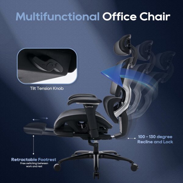 Ergonomic Mesh Office Chair with Footrest, Executive High Back Computer Desk Chair with Wide Headrest and Adjustable 3D Arms, Backrest, Tilt Lock and Lumbar Support-Black