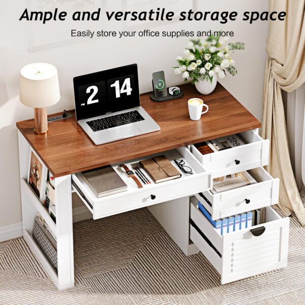 47" Home Office Desks, Executive Desk, Farmhouse Computer Desk with Drawers and Charging Station, File Drawer, Storage Cabinet, Rustic Computer Writing Desk,Antique White