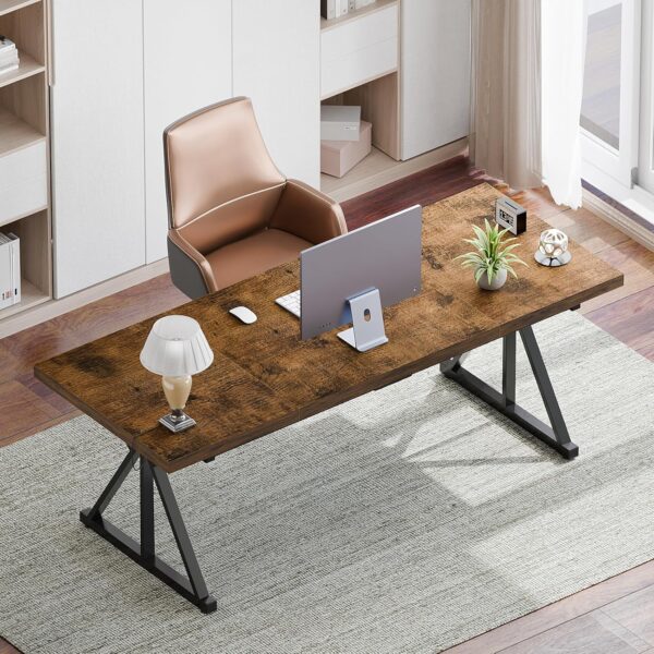 70.8-Inch Executive Desk with Power Outlet, Large Office Desk, Long Home Office Table, Big Writing Computer Table, Modern Work from Home Desk Office Furniture for Laptop, Rustic Brown/Black